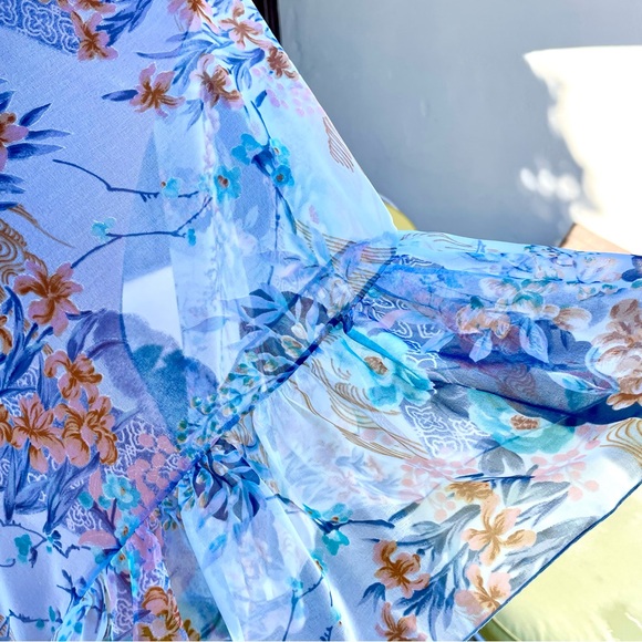 Floral Botanical Chiffon Shawl Wrap Ruffled Edge Sheer Blue/Pink/Copper - Picture 6 of 14